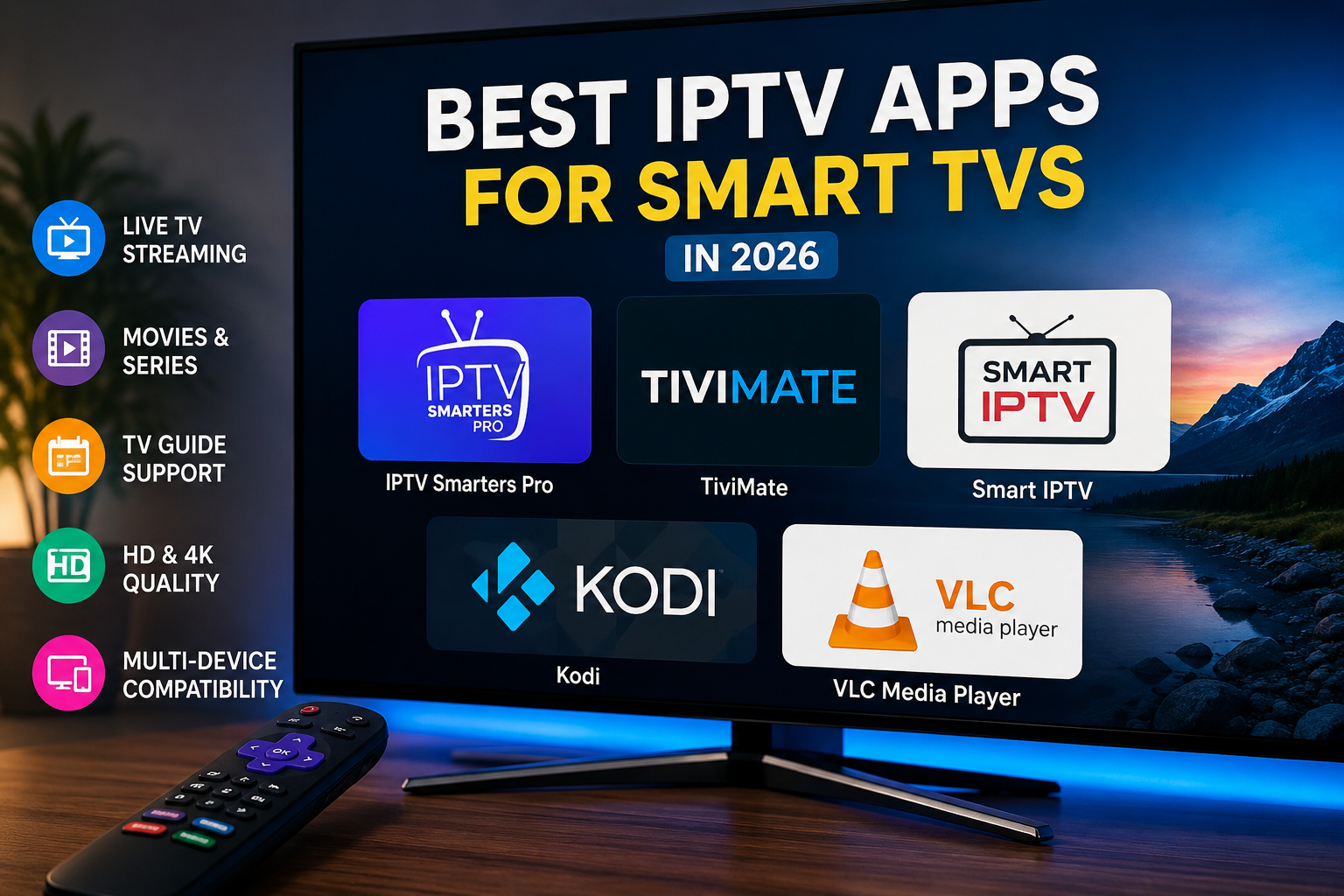 Best IPTV apps for Smart TVs including IPTV Smarters, TiviMate, Kodi and VLC Media Player