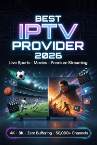 Best IPTV provider for live sports, movies, and streaming in 2026 showing TV interface with sports match and movie thumbnails on a smart TV screen