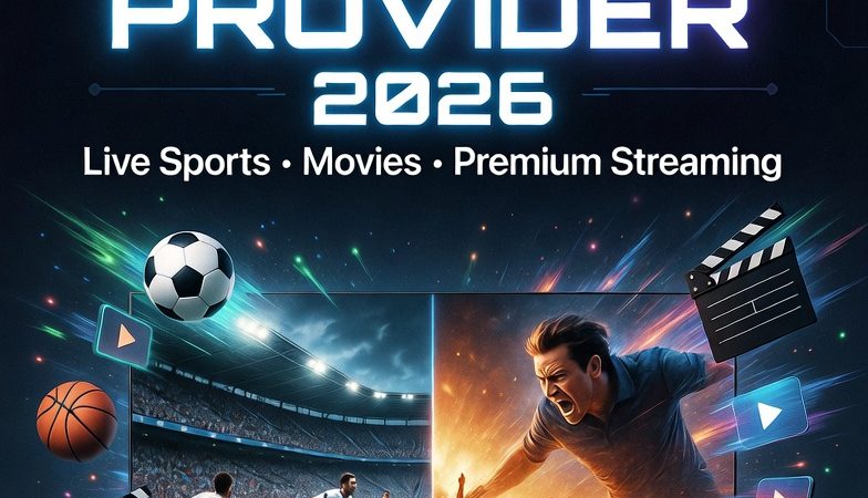 Best IPTV provider for live sports, movies, and streaming in 2026 showing TV interface with sports match and movie thumbnails on a smart TV screen
