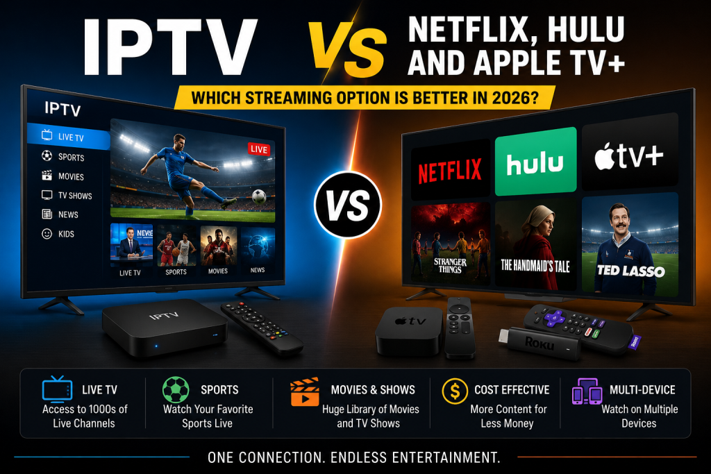 IPTV compared with Netflix Hulu and Apple TV Plus showing differences in live TV sports movies and streaming value in 2026.