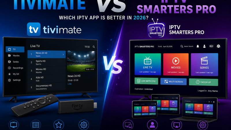 TiviMate vs IPTV Smarters Pro IPTV streaming apps on Firestick and Smart TV in 2026