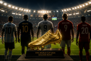 2026 FIFA World Cup Golden Boot trophy with top scorer contenders silhouetted in a packed stadium during the race for football's most prestigious scoring award.
