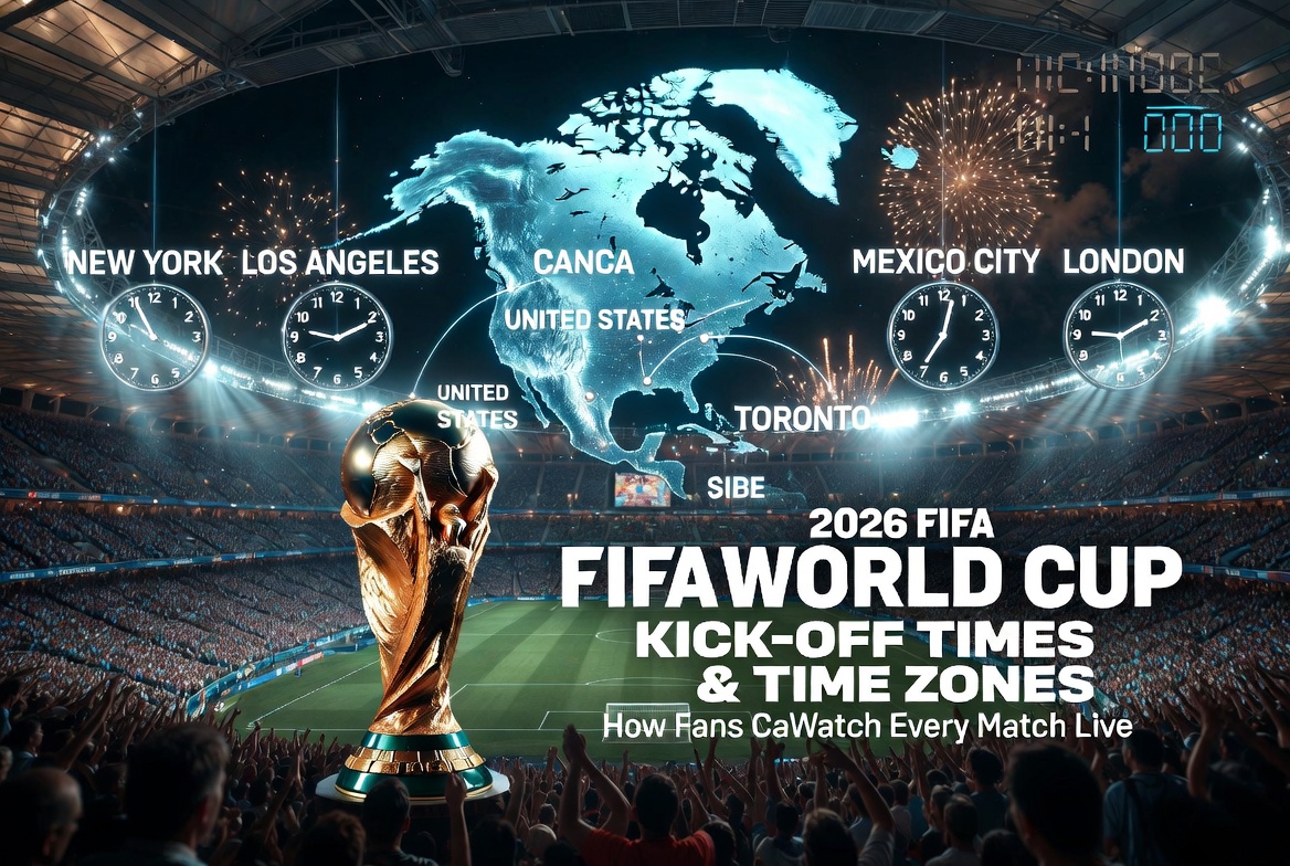 2026 FIFA World Cup kick-off times and time zones featuring stadium, world clocks, host cities and football tournament schedule.