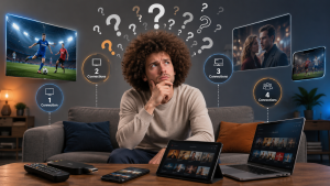 Person deciding how many IPTV connections are needed for streaming live sports, movies and TV series across multiple devices.