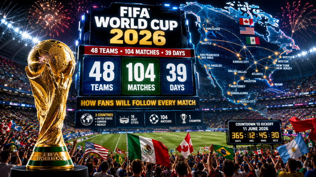 FIFA World Cup 2026 format showing 48 teams, 104 matches and 39 days across the United States, Canada and Mexico.