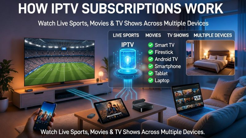 IPTV subscription streaming live sports, movies and TV shows across Smart TVs, Firesticks, phones, tablets and laptops simultaneously.