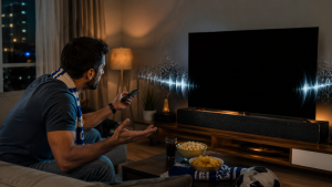 Football fan facing a black TV screen while match audio continues playing during a live sports streaming issue.