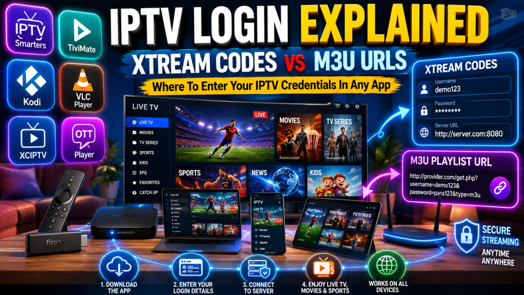 IPTV Xtream Codes and M3U URL login details displayed on IPTV apps including IPTV Smarters, Kodi, VLC, TiviMate, and Android TV devices.