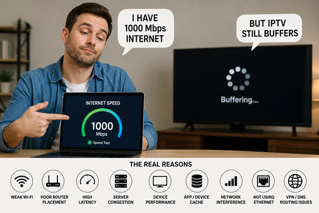 Illustration showing a fast 1 Gbps internet connection but an IPTV stream still experiencing problems due to Wi-Fi, latency, router placement, and device performance rather than internet speed alone.