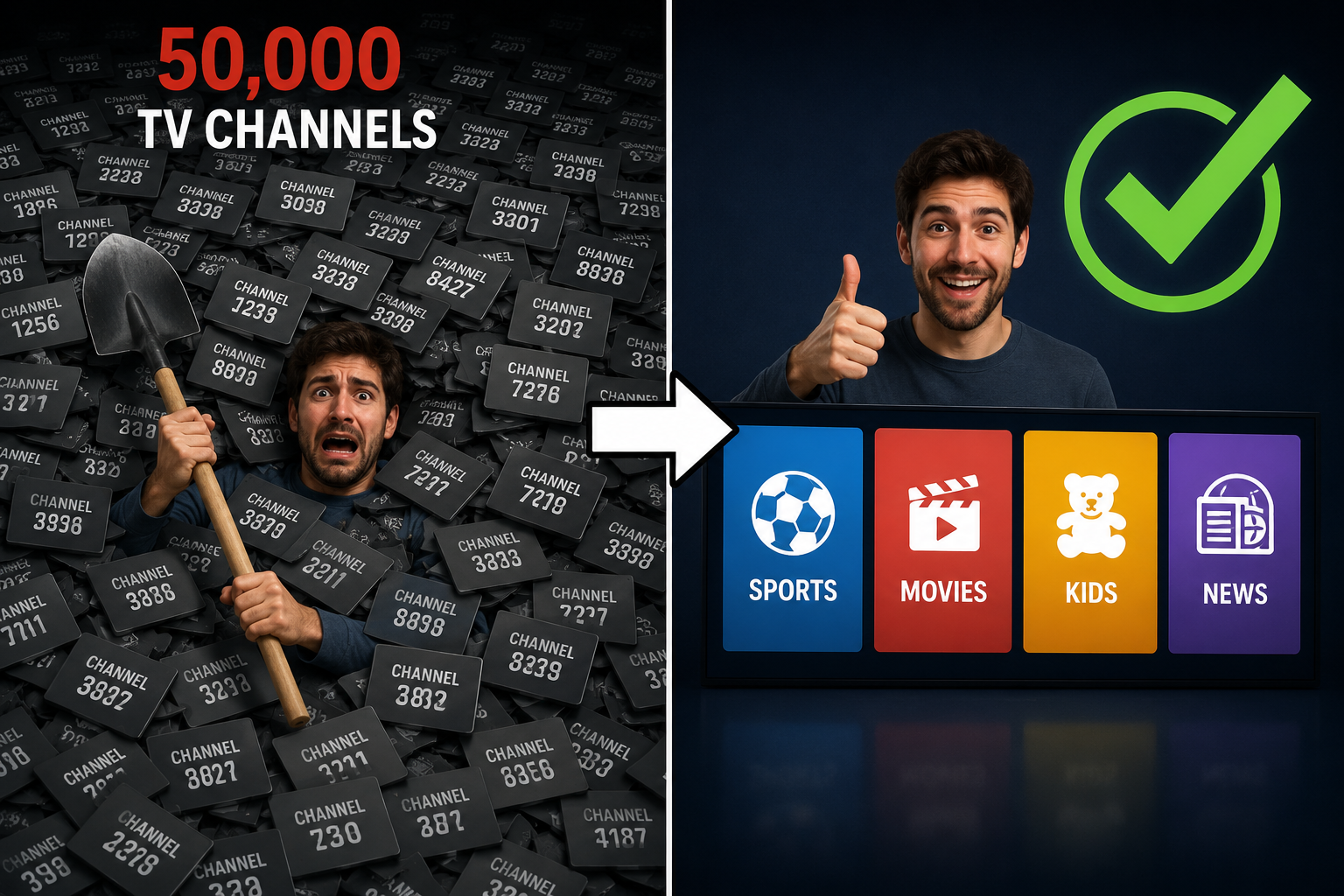 erson organizing a massive IPTV playlist by hiding unwanted countries and categories while keeping future playlist updates intact on a modern streaming interface.
