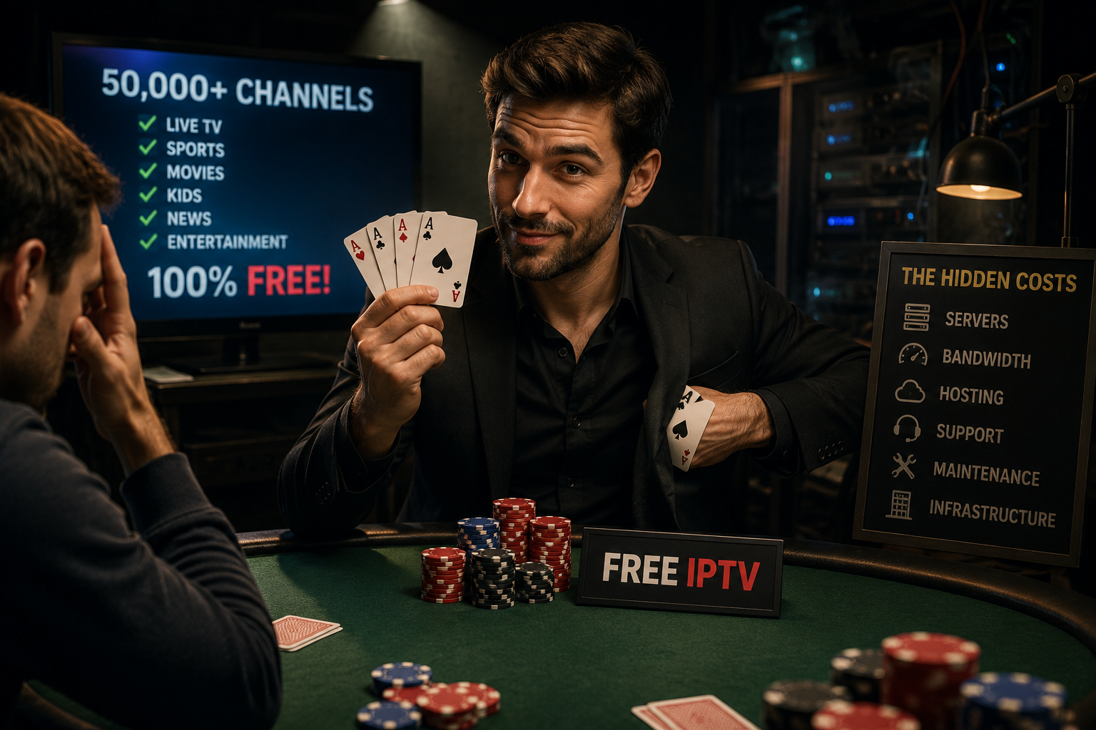 Realistic poker player secretly hiding an extra ace up his sleeve while advertising free IPTV, symbolizing the hidden costs and trade-offs behind free IPTV services.
