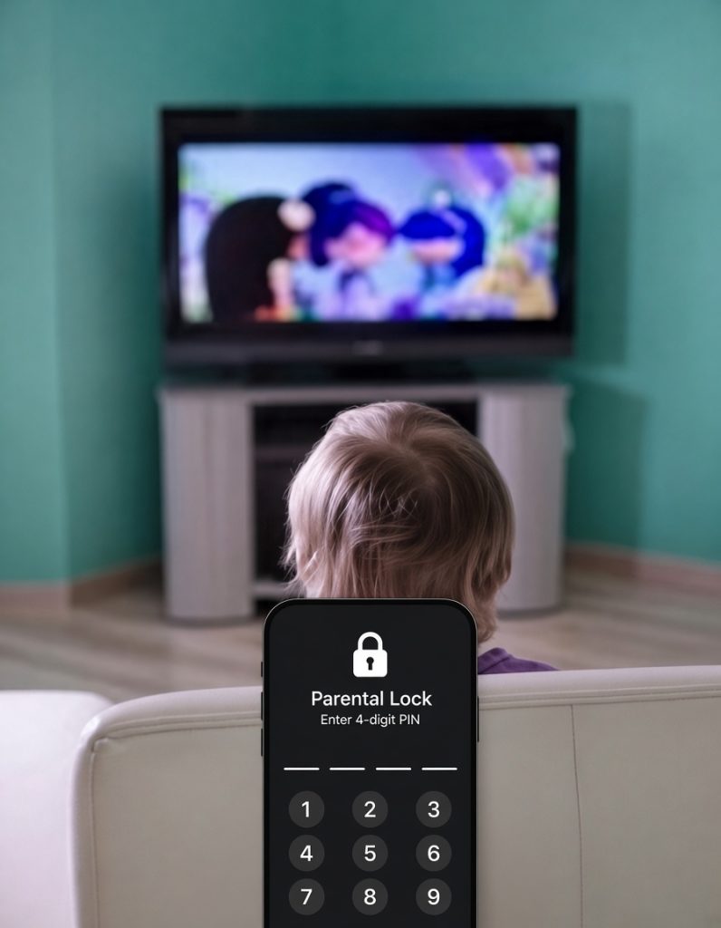 IPTV parental controls setup showing PIN lock screen on a streaming device"