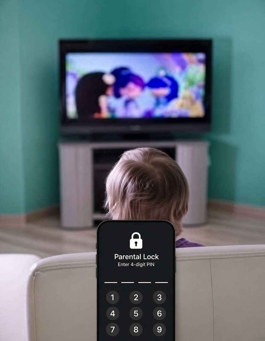 IPTV parental controls setup showing PIN lock screen on a streaming device"