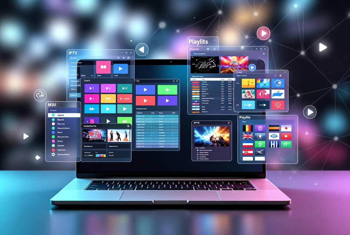 Multiple IPTV Playlists displayed in an IPTV player with organized channel groups and favorites.