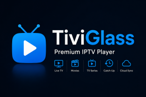 TiviGlass Review showing an IPTV player for live streaming on a modern Android TV with a smartphone connected to the same IPTV playlist.