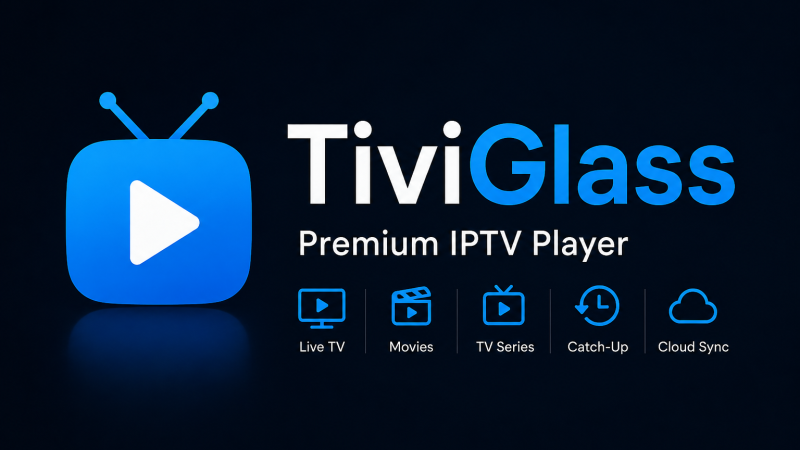TiviGlass Review showing an IPTV player for live streaming on a modern Android TV with a smartphone connected to the same IPTV playlist.